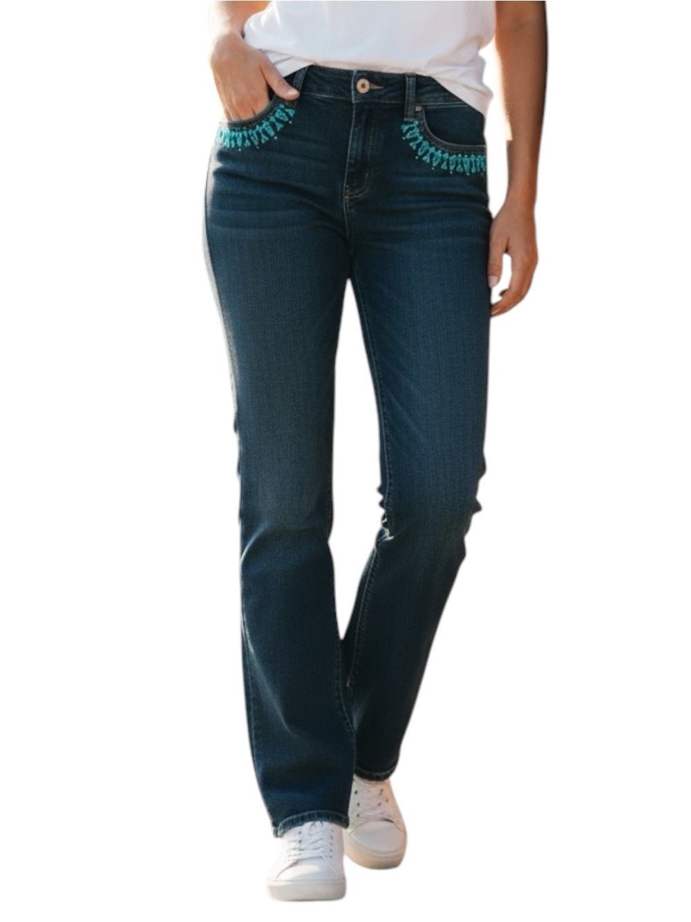 NWOT Ann Taylor LOFT Sz 4 Turquoise Beaded Midrise Medium Wash Bootcut Jeans